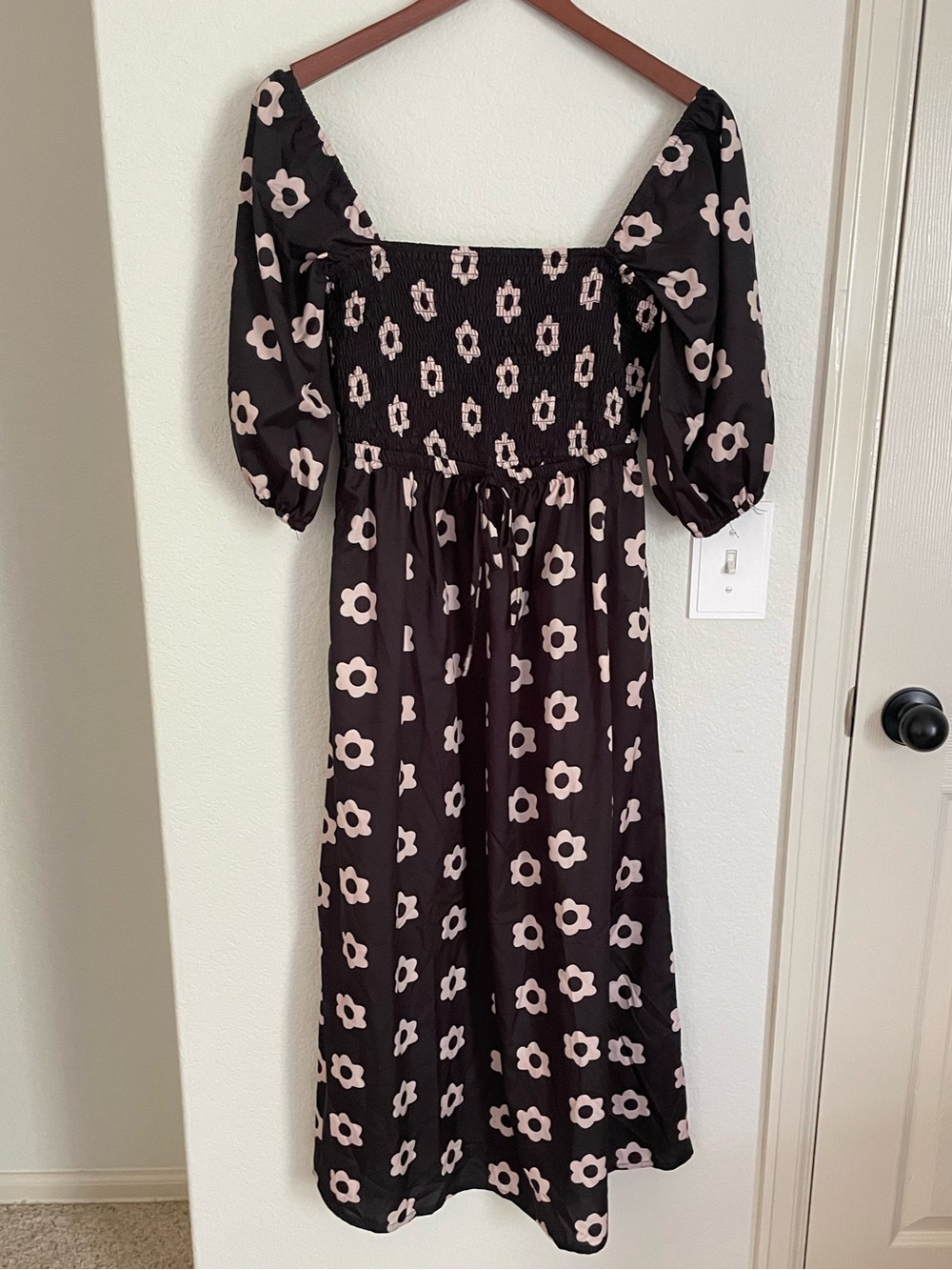 Black and cream floral smocked square neck Midi Dress